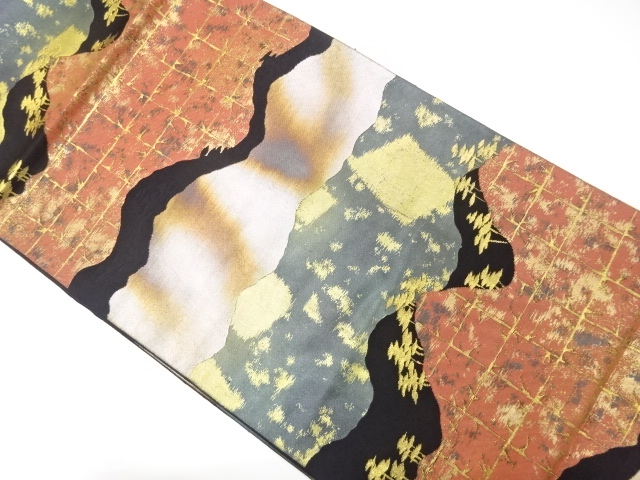 JAPANESE KIMONO / ANTIQUE FUKURO OBI / SILK / WOVEN WAVY STRIPE & TREE